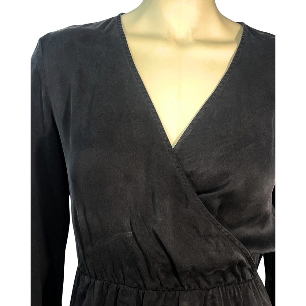 Theory Sz L Liev Wrap Dress Long Puff Sleeve V-Neck Black Cicero Silk Minimalist - Picture 4 of 9